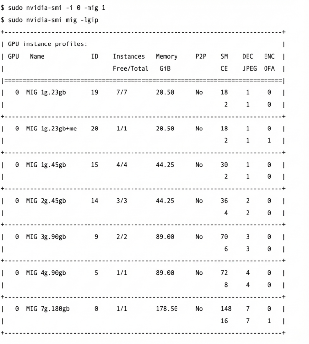 Danh sách các tùy chọn chế độ MIG khác nhau sau khi chạy một lệnh trên thiết bị đầu cuối. 