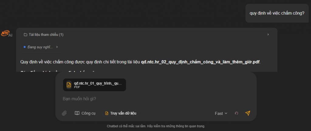 Giao diện người dùng (UI) phần chat, minh họa tính năng đính kèm và tìm kiếm file cụ thể để tra cứu
