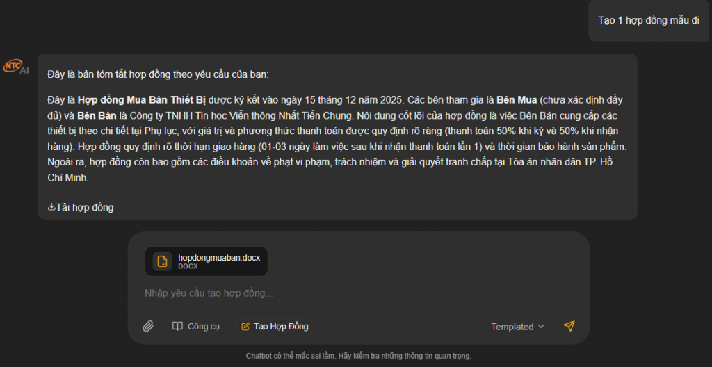 Giao diện upload template hợp đồng và minh họa quá trình AI sinh file .docx