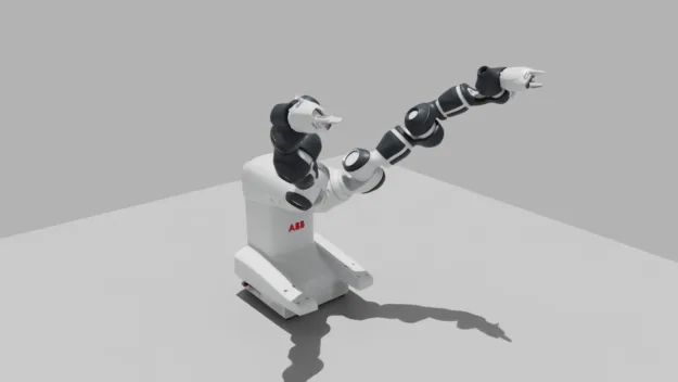 YuMi in two poses: grippers pointing downward at left, and arms raised with one extended diagonally outward at right. 