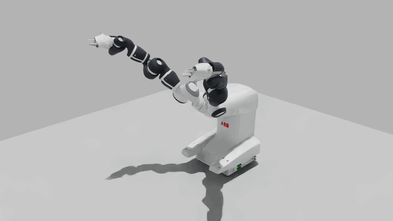 YuMi on a simulation ground plane with both arms raised, one extended outward and the other bent, and both grippers visible. 