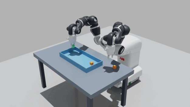 YuMi beside colored cubes and matching outlined targets at left; at right, a gripper holds a green cube above a shallow blue box on a table.