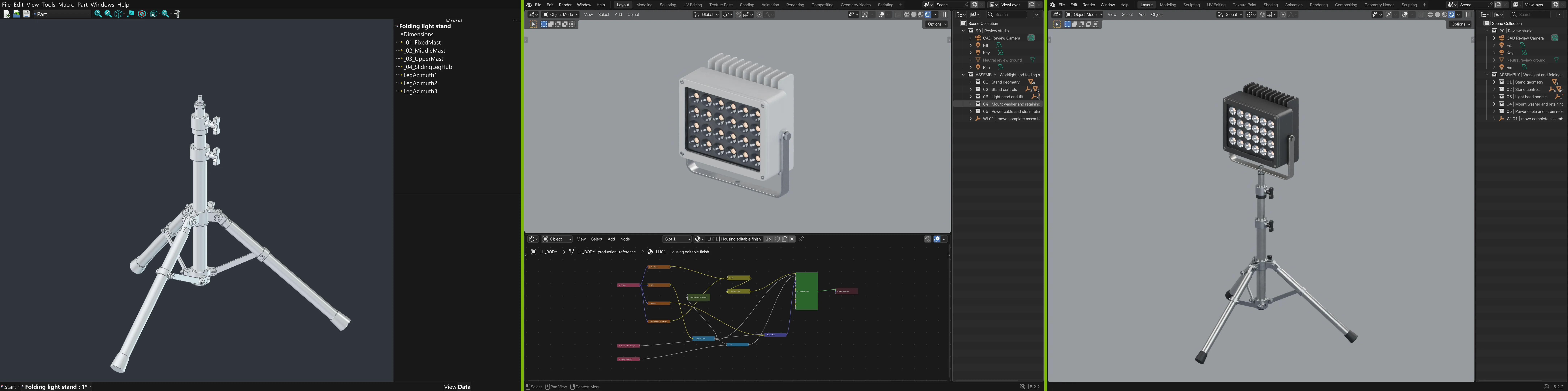 Work-light creation: tripod geometry in FreeCAD, light-head materials in Blender, and the completed light on its tripod.