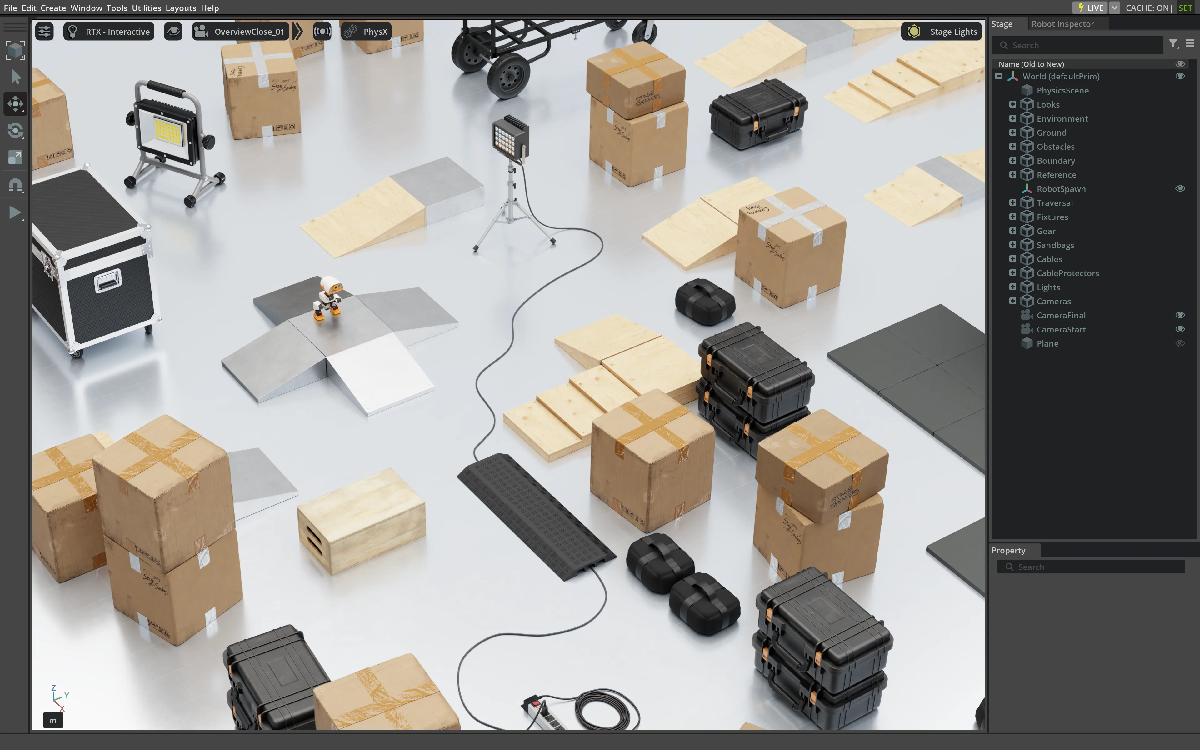 Isaac Sim editor showing the assembled course with Microduck, ramps, steps, boxes, flight cases, and work lights.