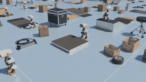 Microduck climbs a platform; the view zooms out to reveal many robots training on different ramps and platforms in Isaac Lab.