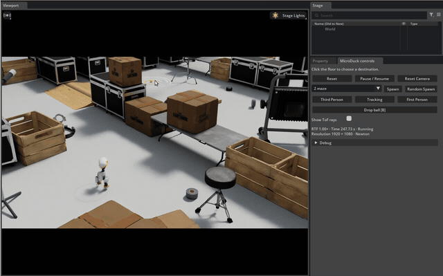 Microduck navigates an Isaac Sim obstacle course containing flight cases, boxes, and wooden barriers.